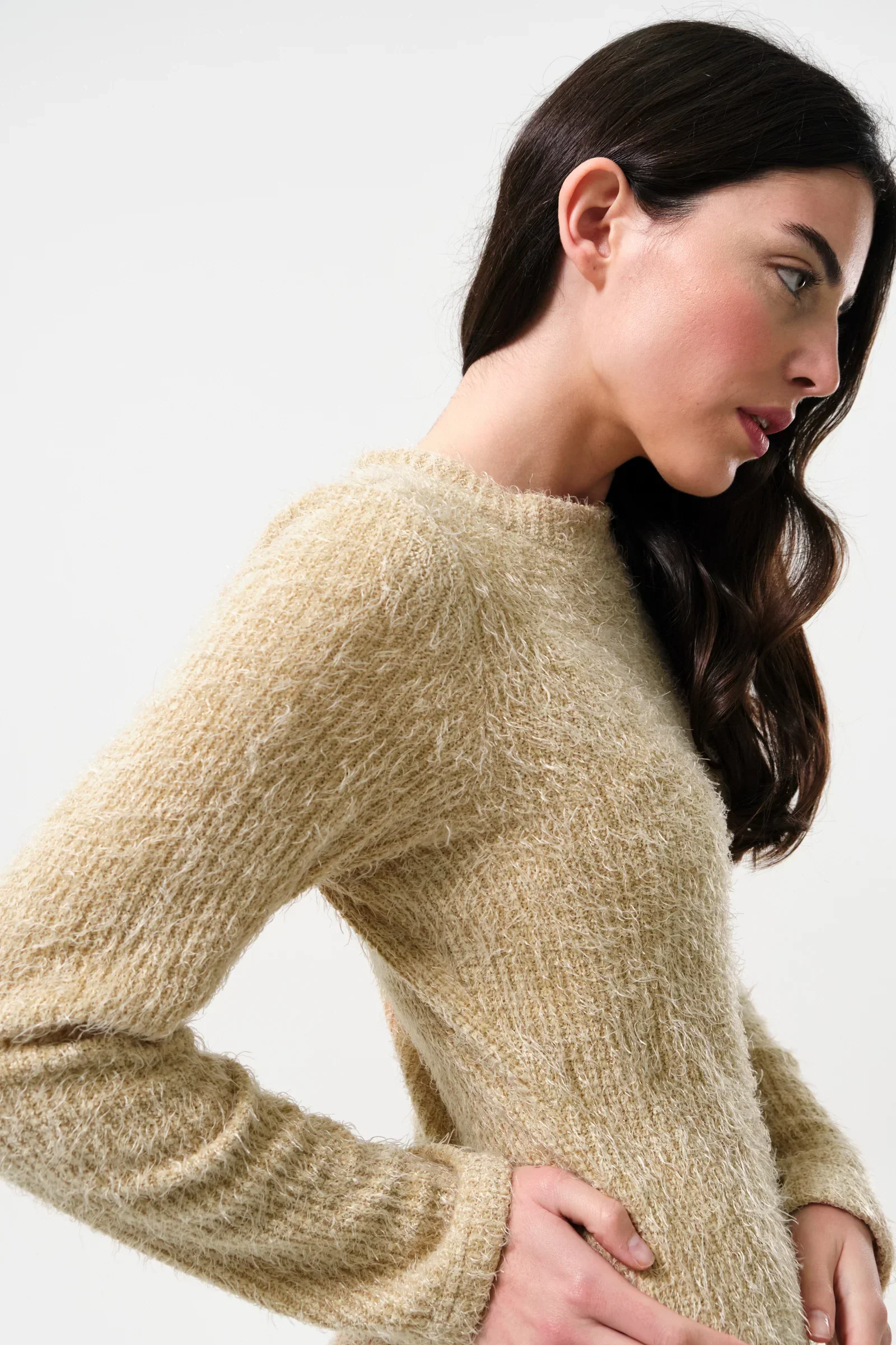 Guila Eyelash Rib Long Sleeve Midi Dress - Beige - Image 3