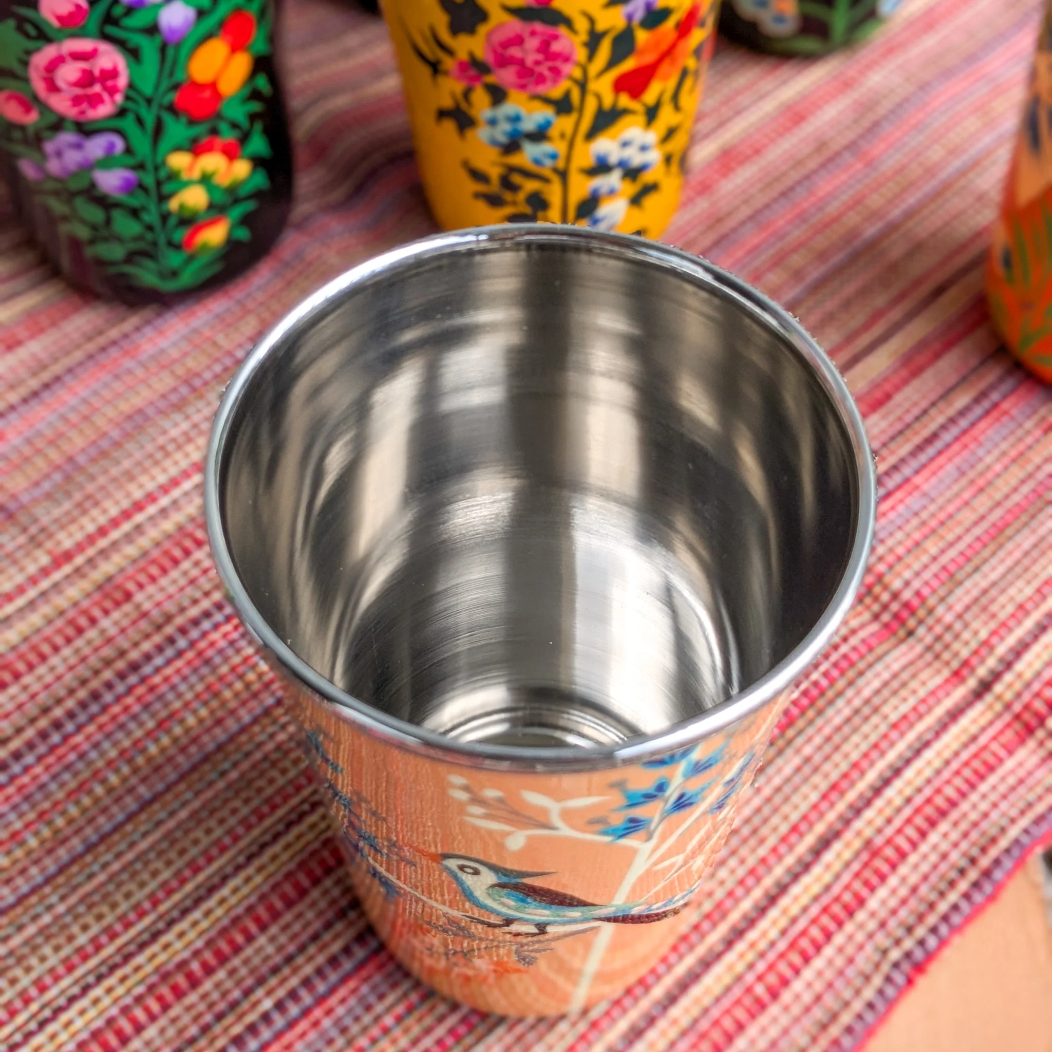 Hand-Painted Stainless Steel Tumblers, Food Safe, Kashmiri Hand Painted 400ml Drinking Cups - Image 3