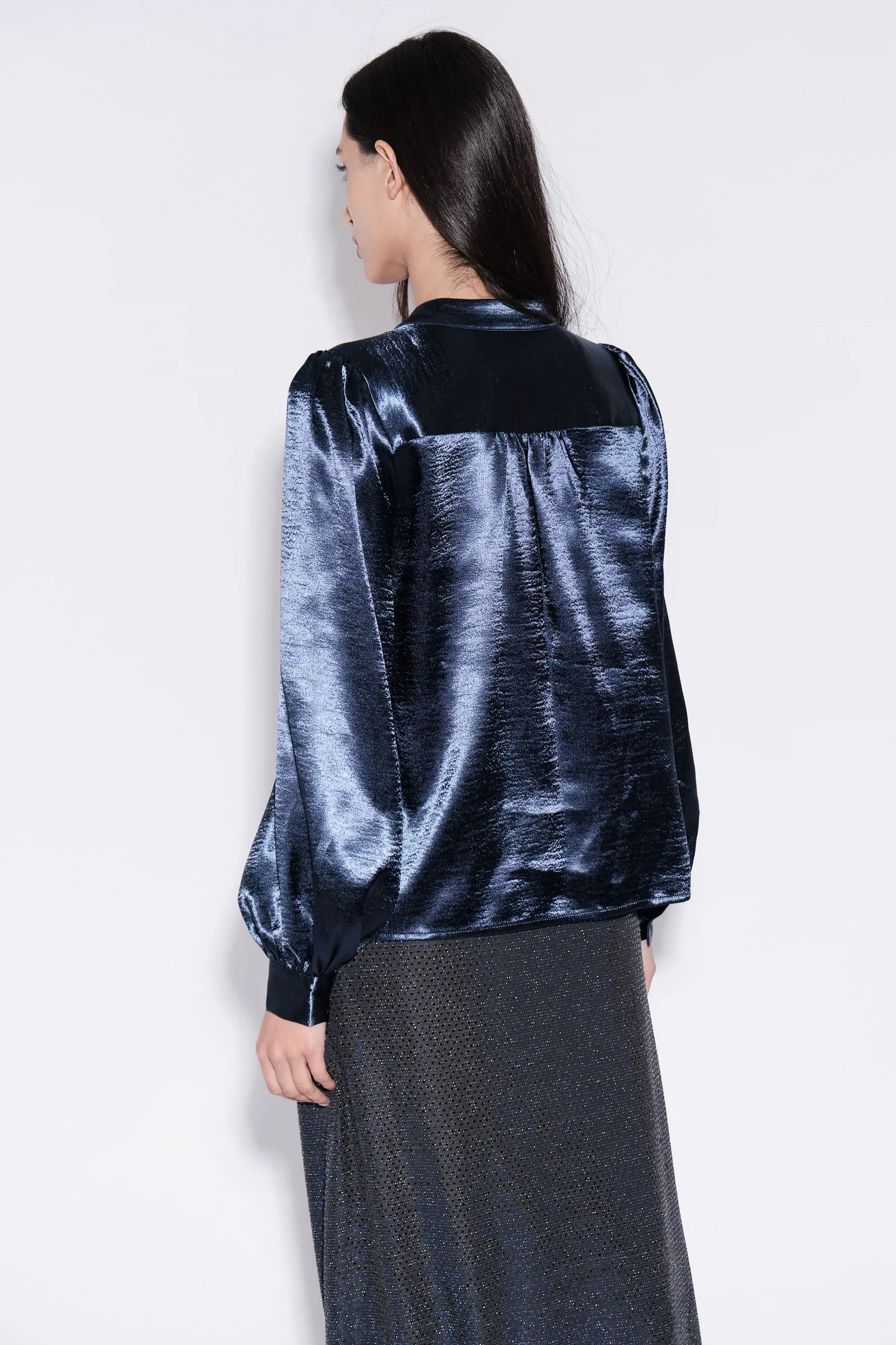 Helide V-Neck Hammered Satin Blouse in Navy - Image 2