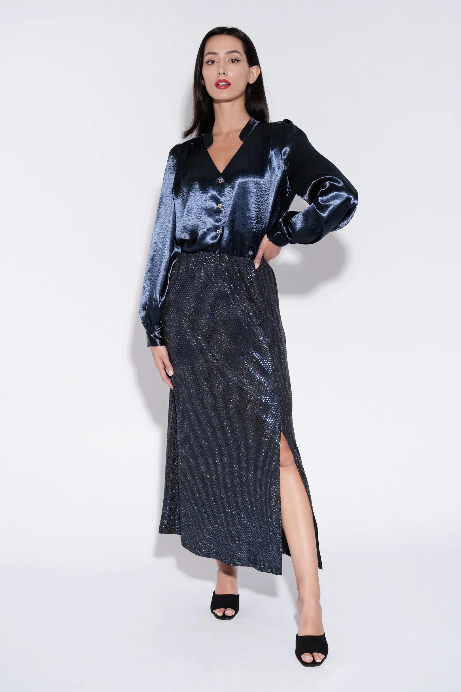 Helide V-Neck Hammered Satin Blouse in Navy - Image 4