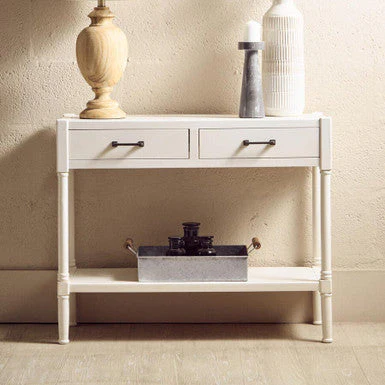 White Wooden Console Table with 2 Storage Drawers and Lower Open Shelf, Heritage