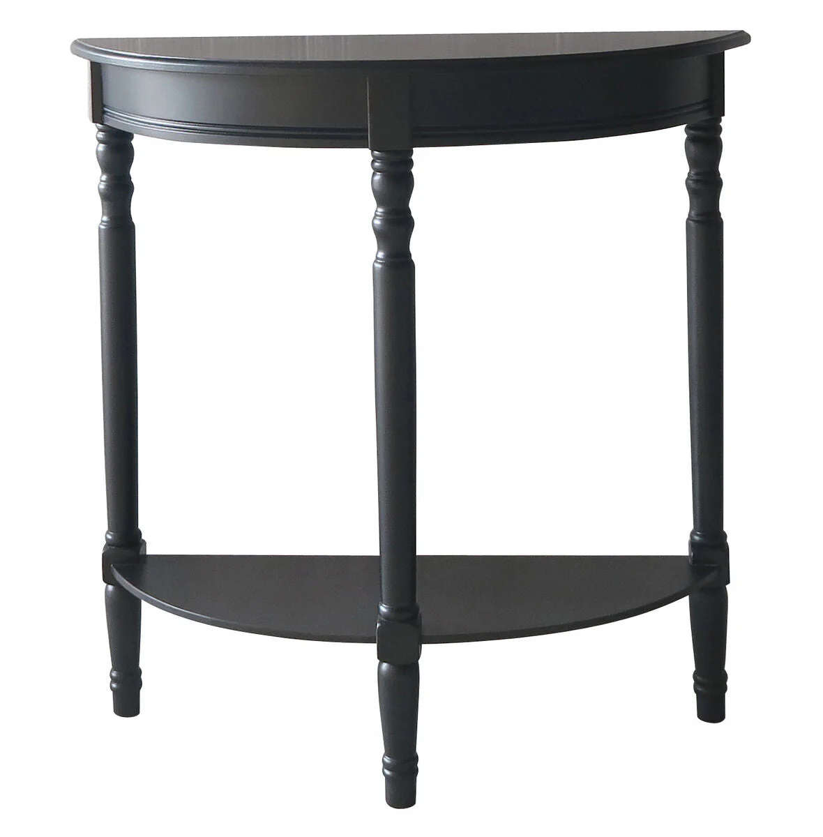 Black Pine Wood Half Moon Console Table with Carved Spindle Legs and 1 Lower Storage Shelf, Heritage