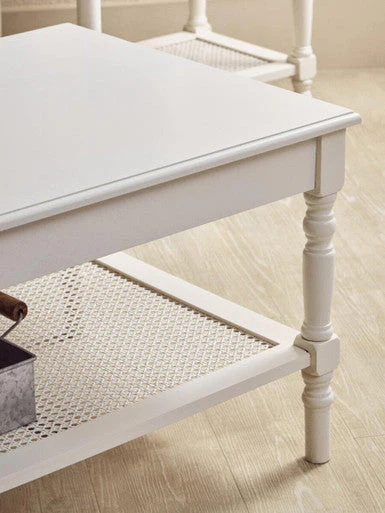 White Wooden Coffee Table with Cane Webbed Lower Shelf and Carved Spindle Legs, Heritage - Image 6