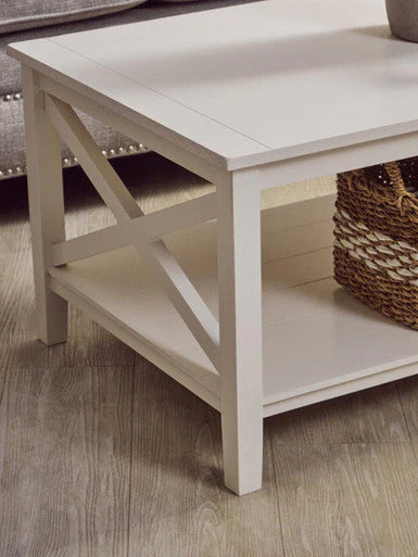 White Wooden Rectangular Coffee Table with Lower Shelf and X Frame Side Panels, Heritage - Image 6