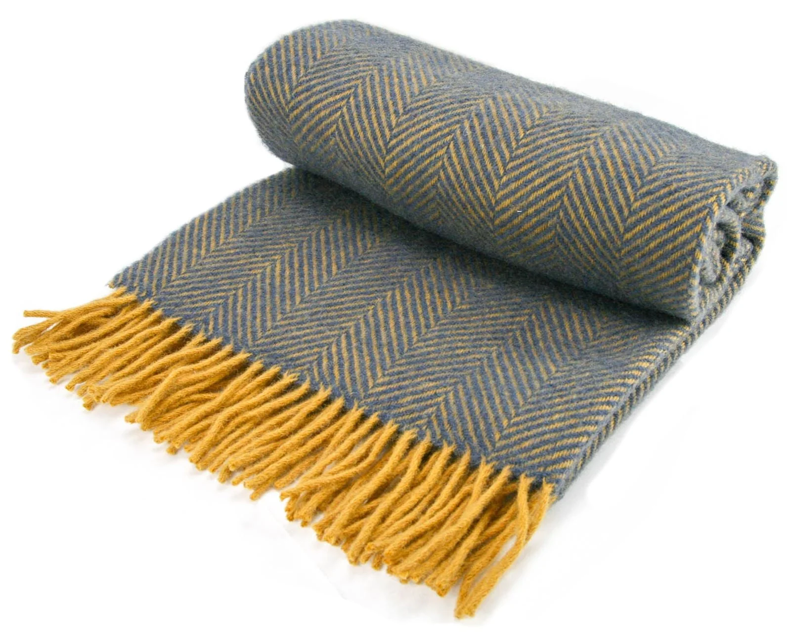 Herringbone Pure New Wool Throw - Navy/Mustard - Image 6