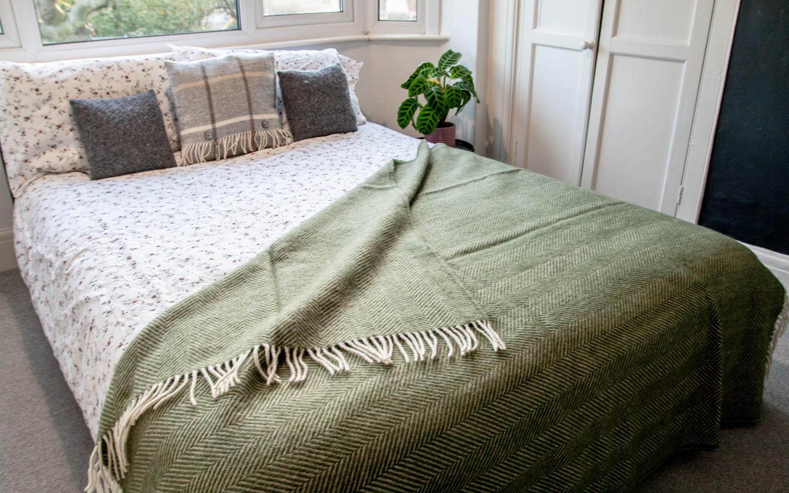 Herringbone Pure New Wool Throw - Olive - Image 2