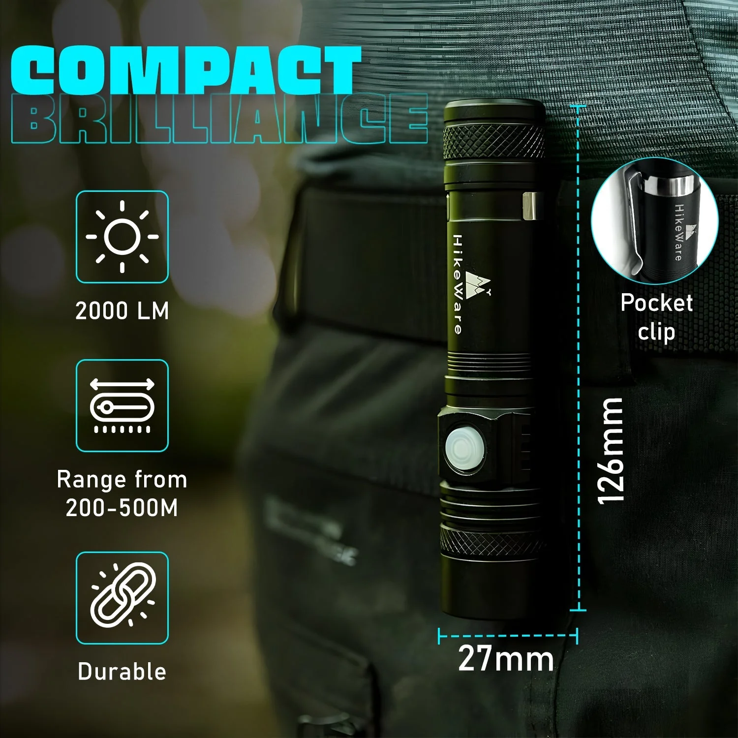 HikeWare Ultra Bright LED Pocket Flashlight - 2000 Lumens - Image 6