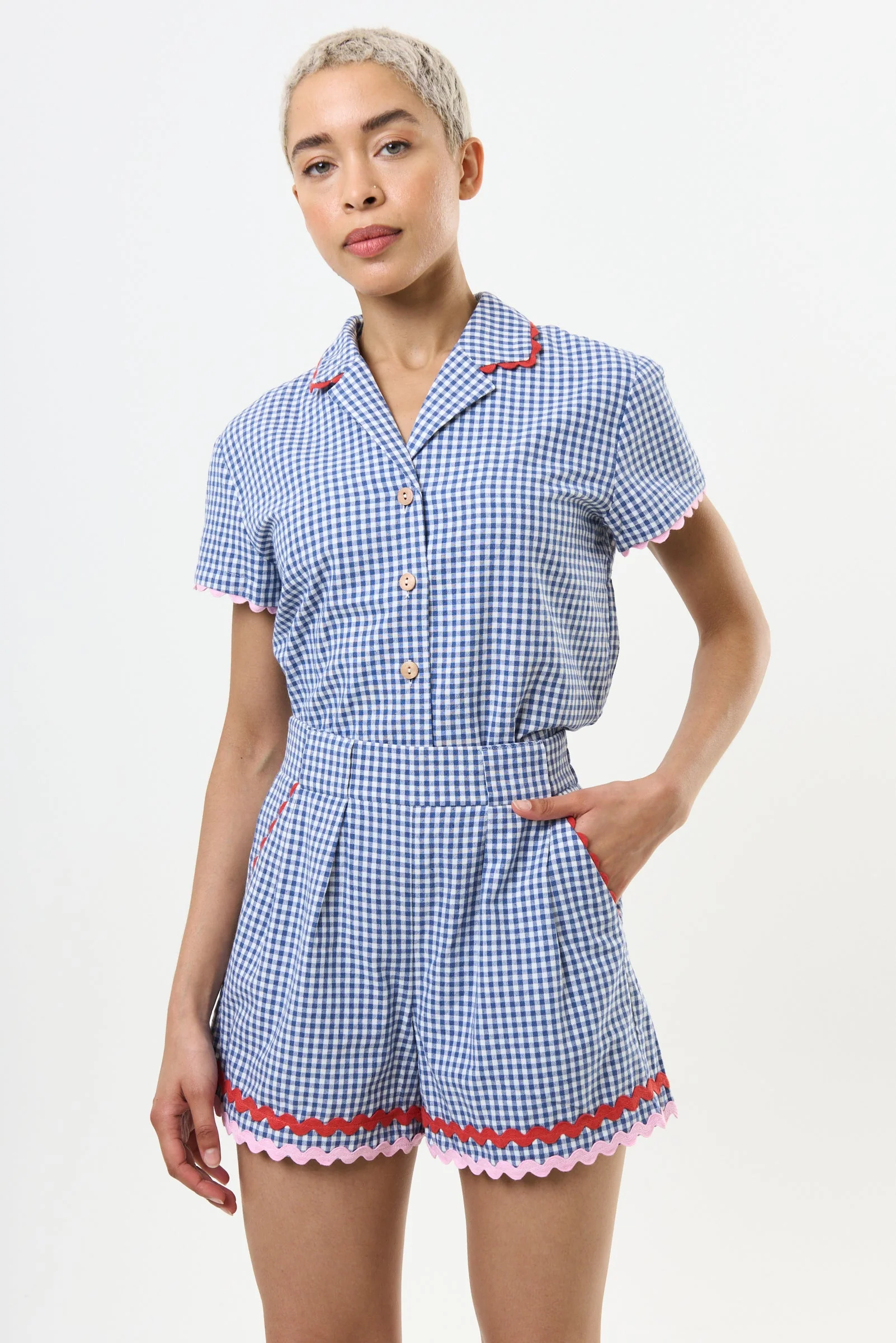 Hilton Gingham Ric Rac Trim Shorts - Blue