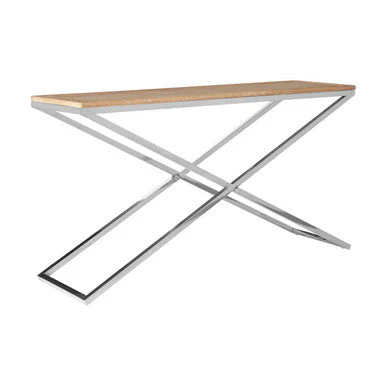 Natural Oak Wood Console Table with Polished Steel Cross Frame Legs , Holland - Image 3