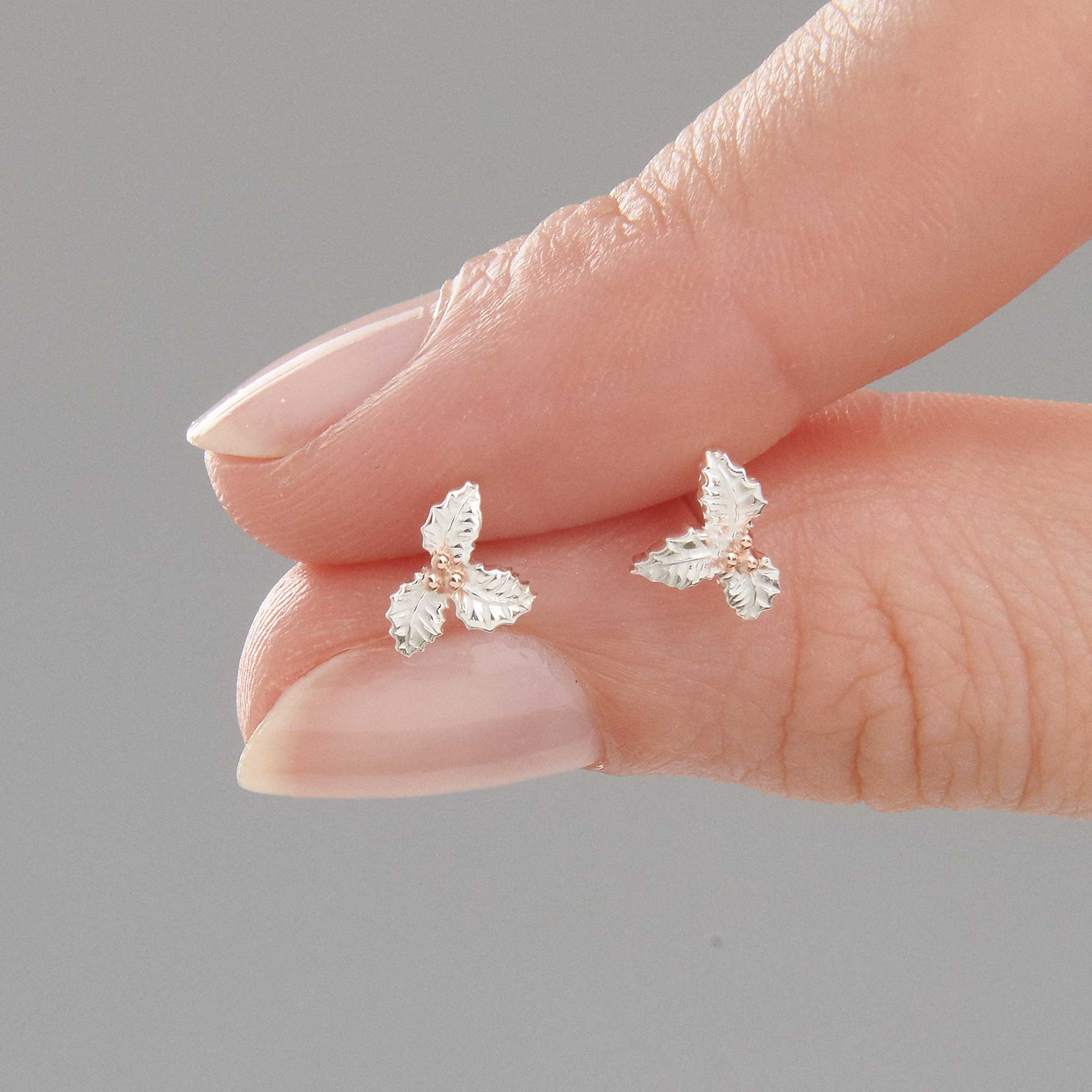 Holly Leaf Silver & Rose Gold Stud Earrings - Image 2