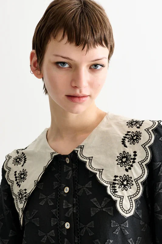 Iris Bow Black Jacquard White Embroidered Collar Midi Dress - Image 3