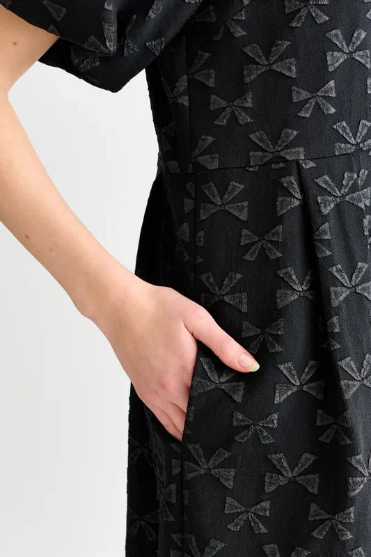 Iris Bow Black Jacquard White Embroidered Collar Midi Dress - Image 4
