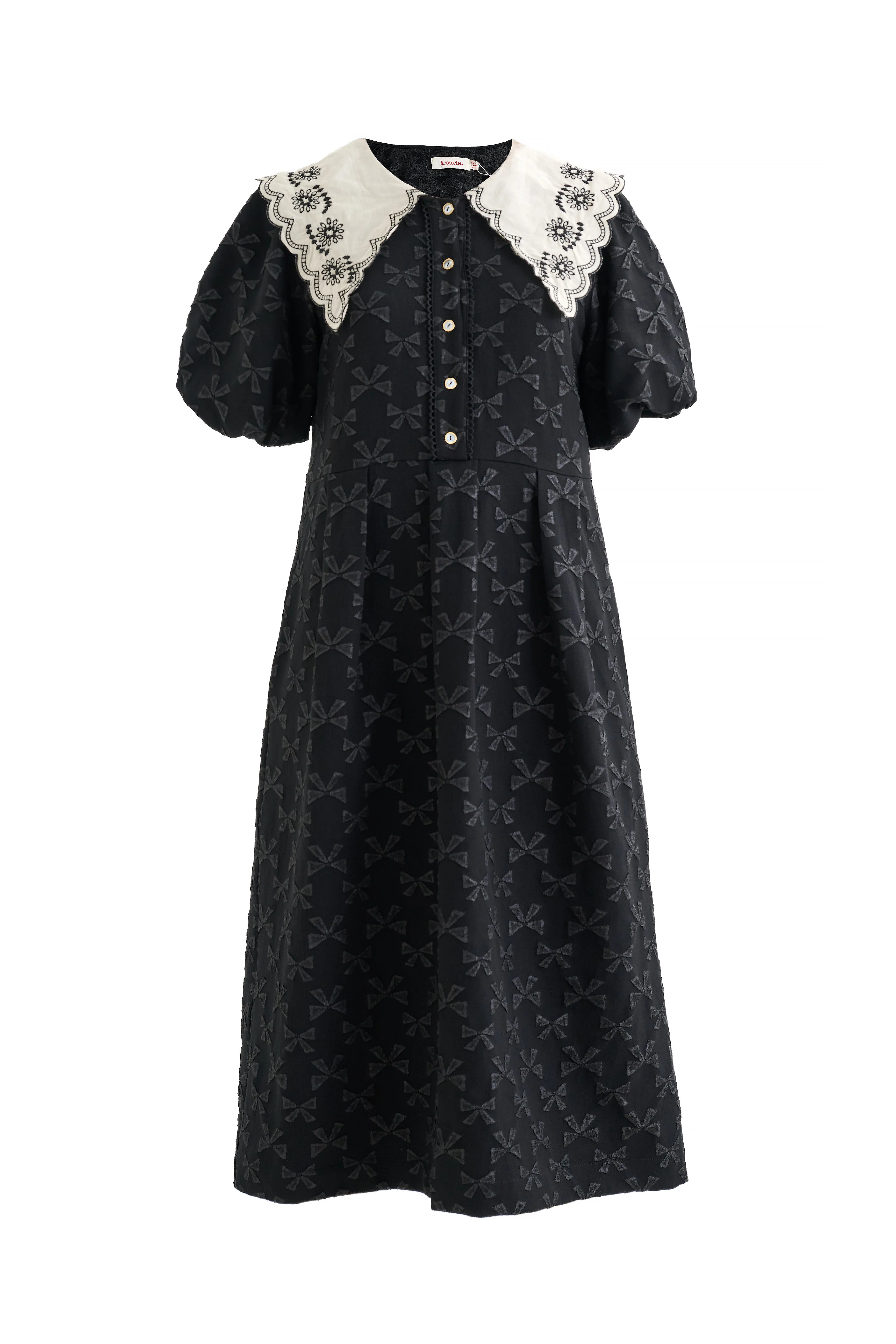 Iris Bow Black Jacquard White Embroidered Collar Midi Dress - Image 6