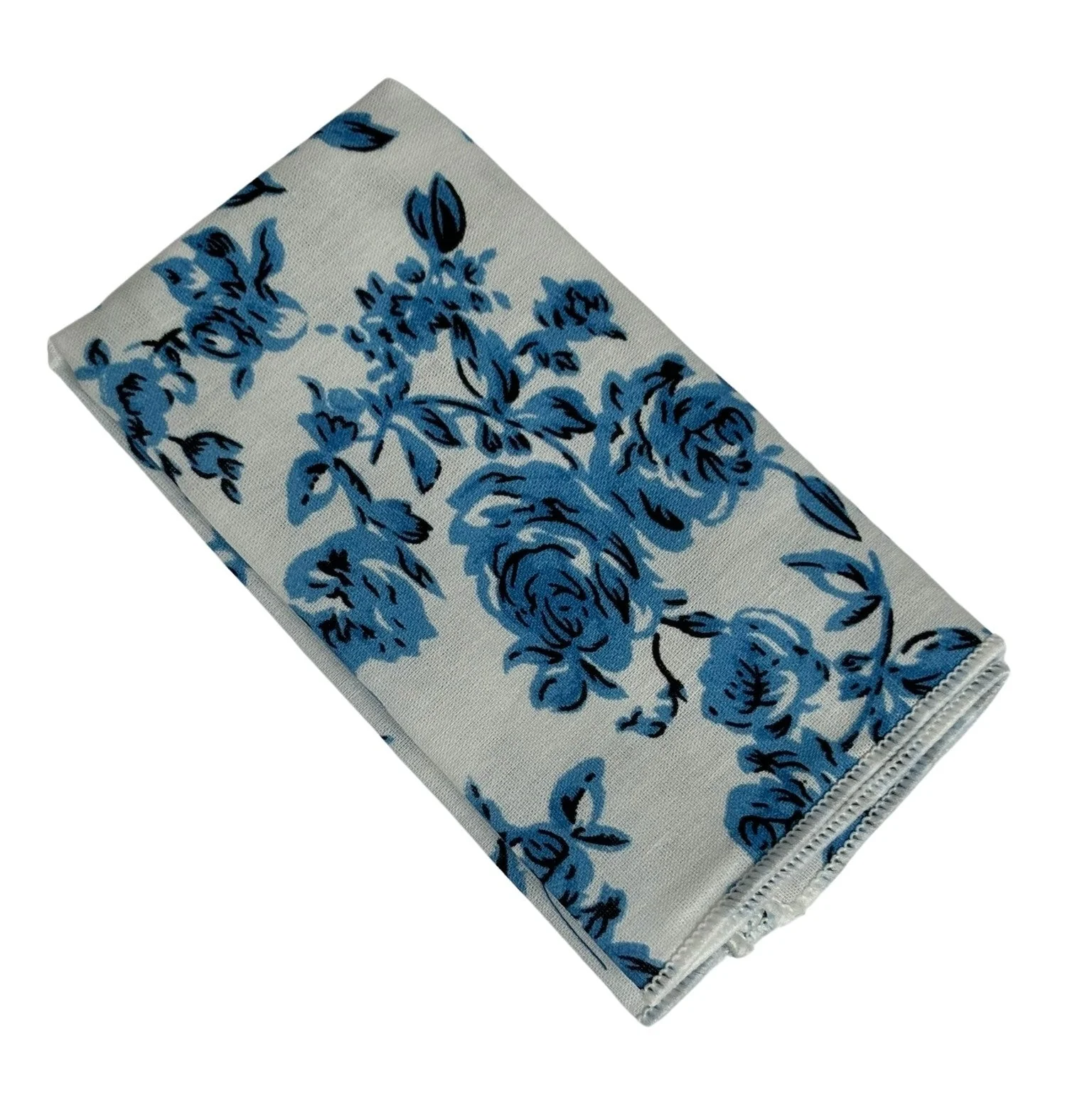 ivory cotton pocket square with blue rose design