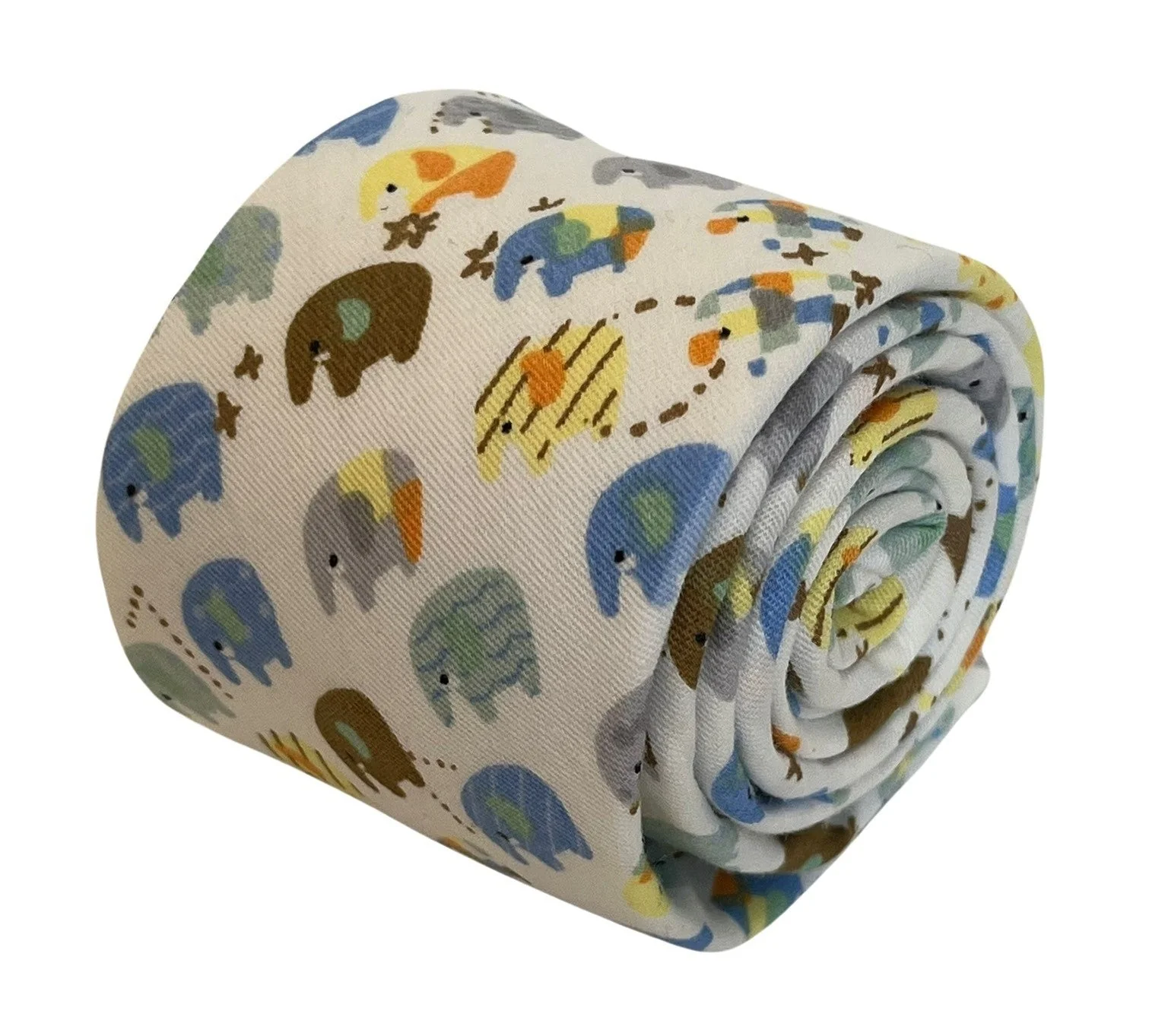 Ivory cotton tie with colourful elephants design