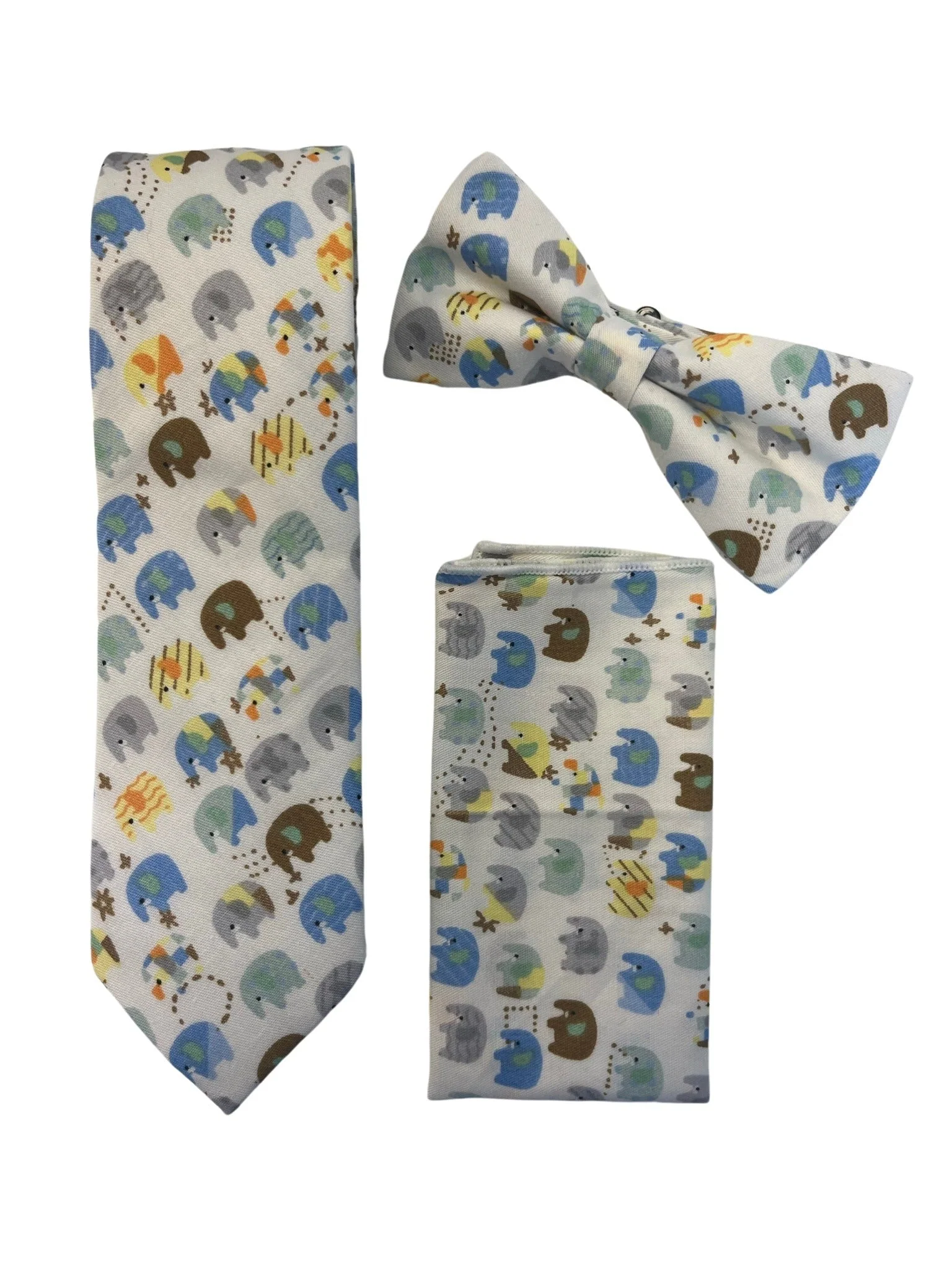 Ivory cotton tie with colourful elephants design - Image 6