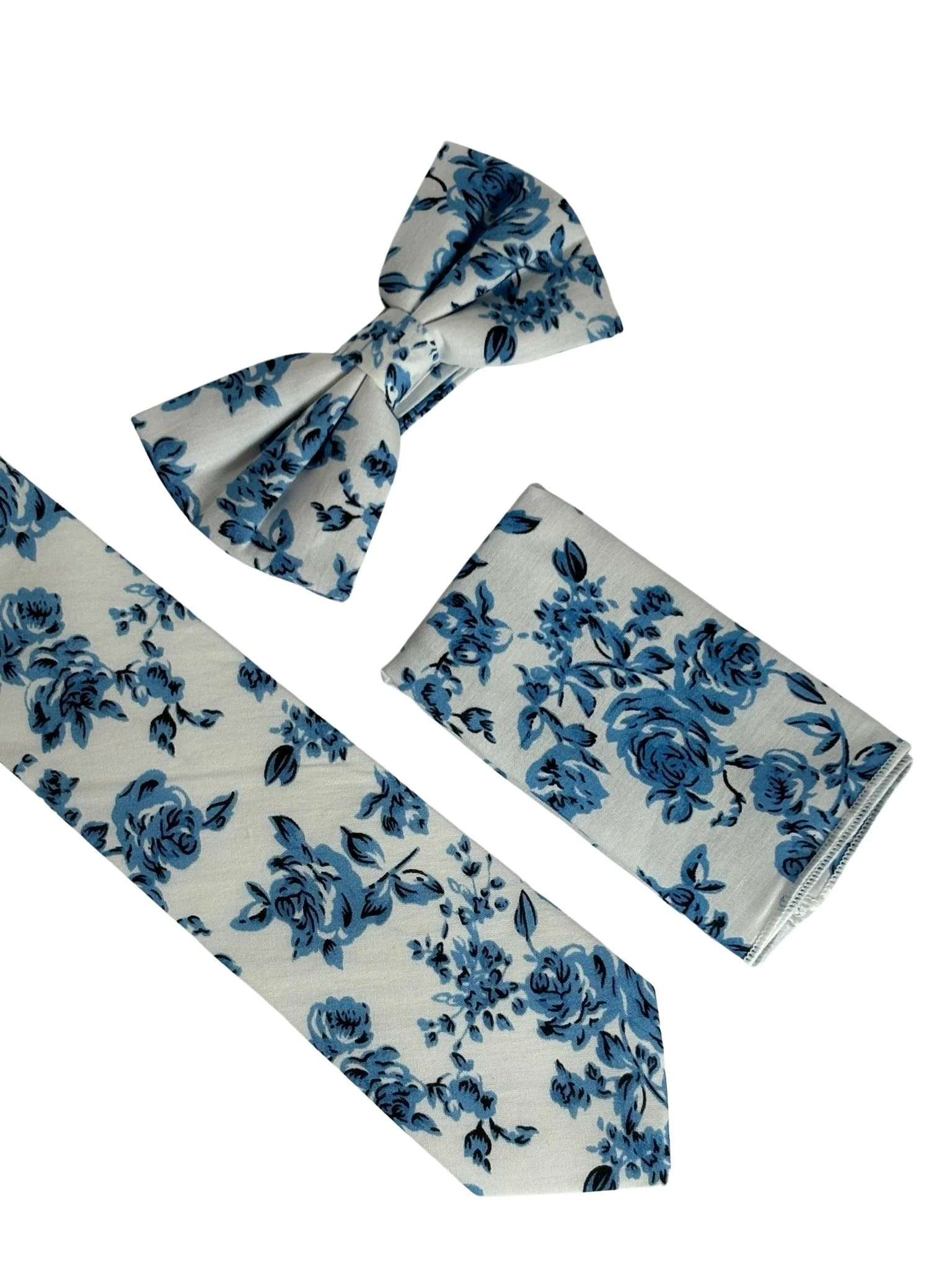 ivory cotton with  blue rose design bow tie - Image 3