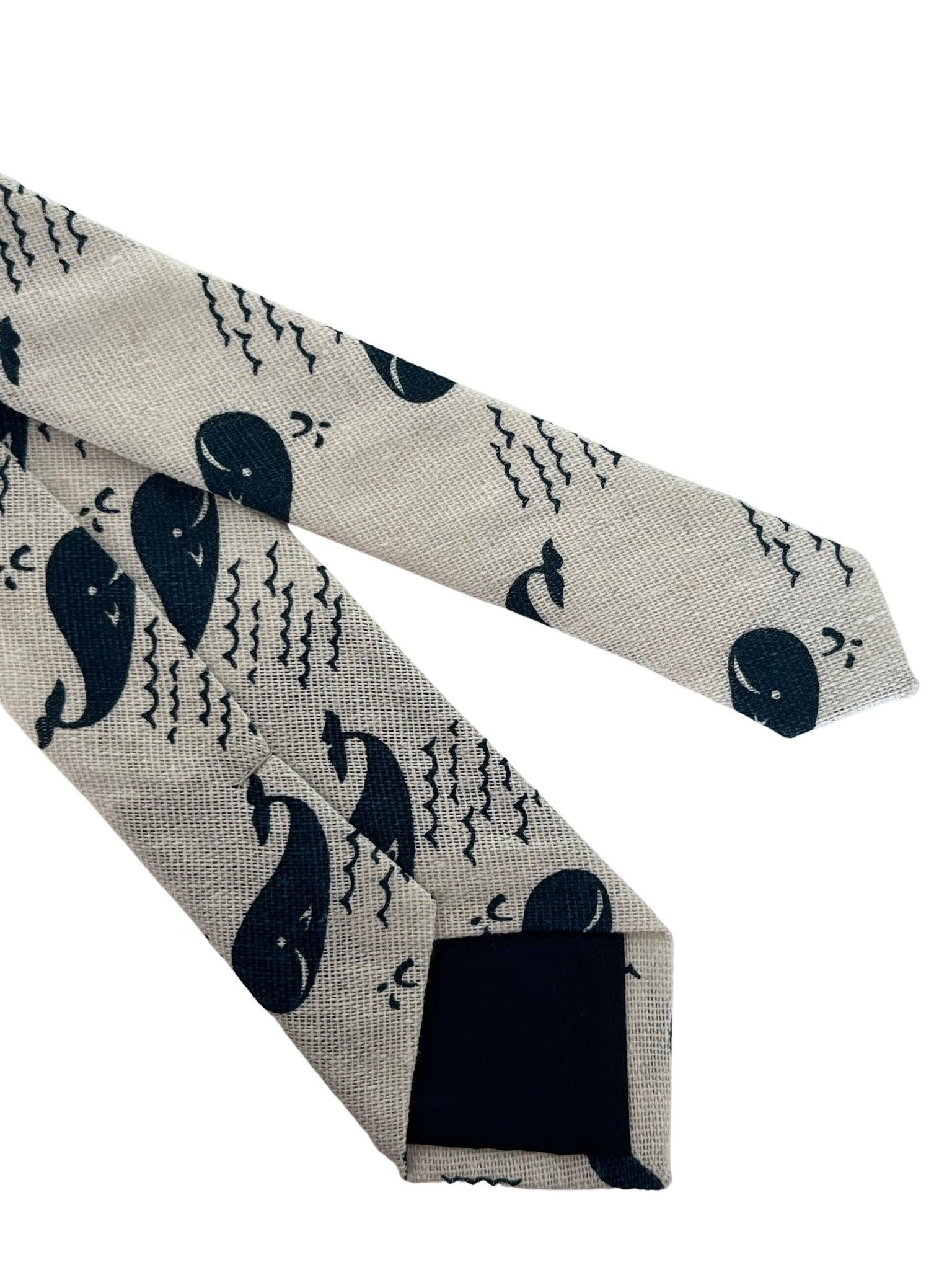 ivory cream cotton tie with blue whale nautical design - Image 4