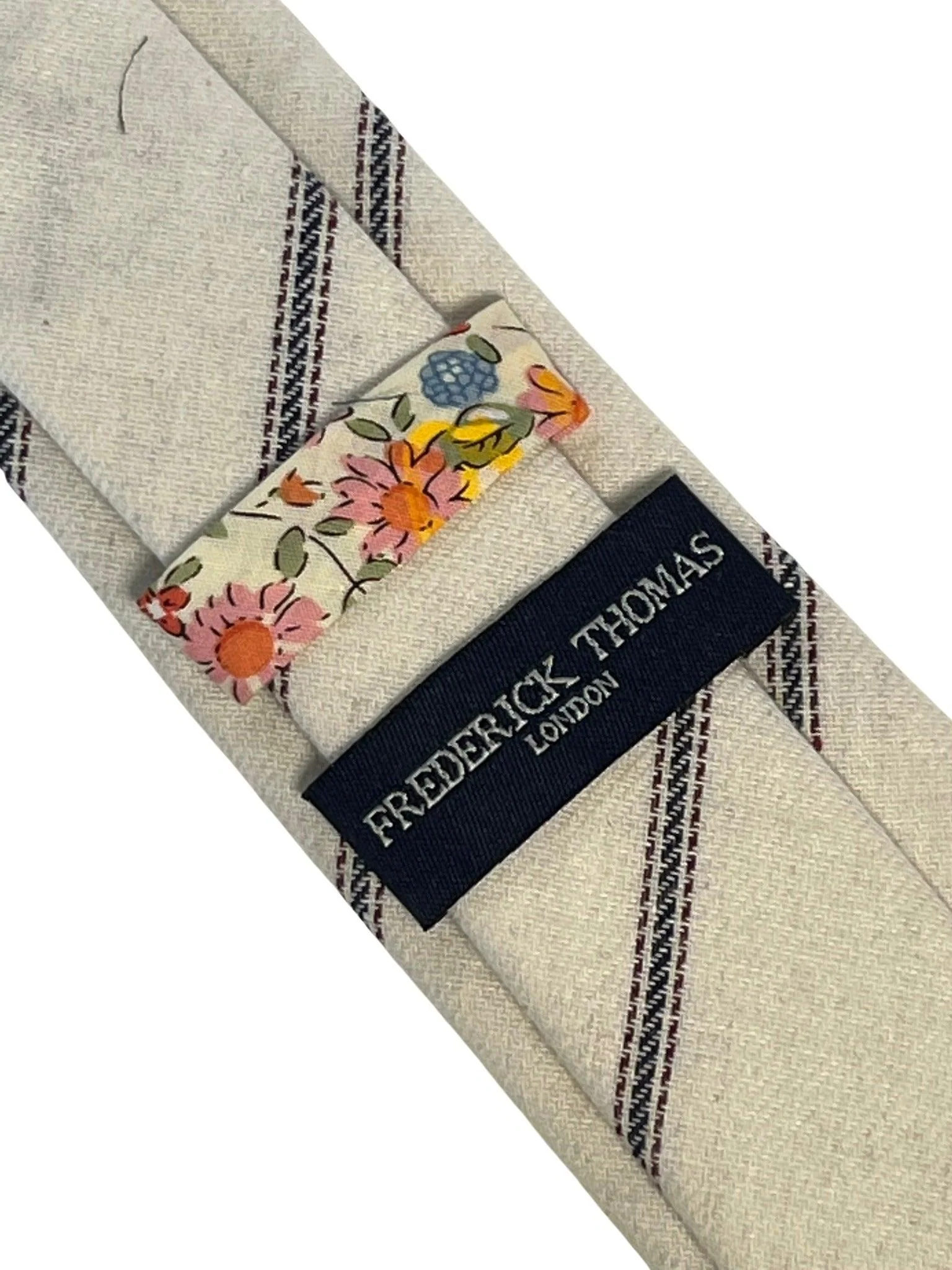 ivory cream cotton tie with navy and fine red stripe design - Image 3