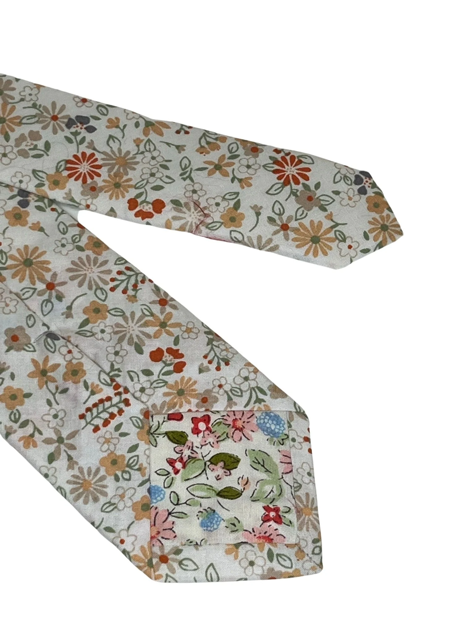 ivory white mens cotton tie with mustard yellow, red flower-s floral design - Image 4
