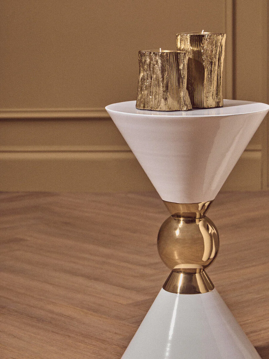 White Conical Metal Side Table in Stainless Steel with Gold Centre Ring Detail, Jaipur - Image 4