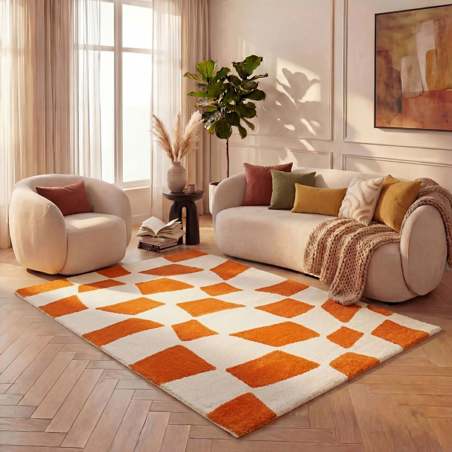 Joli Checkered Orange & White Rug - Image 7