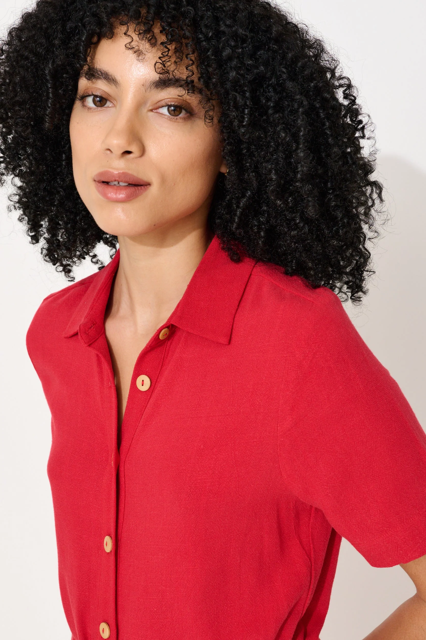 Justin Linen Mix Short Sleeve Jumpsuit - Red - Image 4