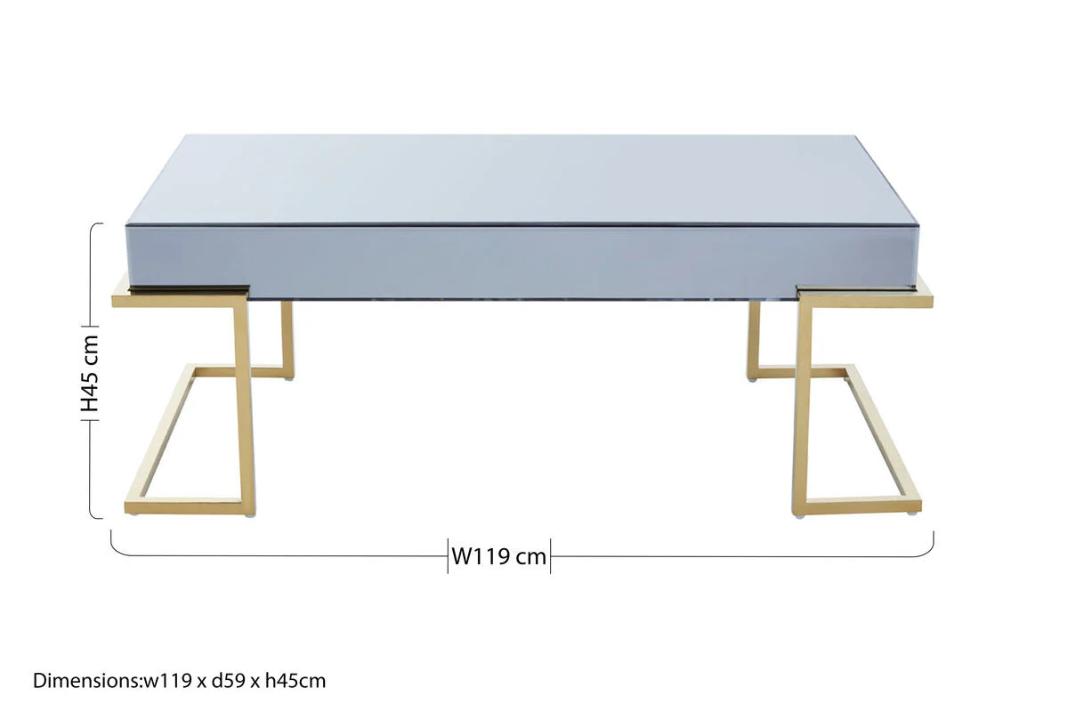 Grey Mirrored Top Coffee Table with Gold Finish Stainless Steel Sledge Base, Kaso - Image 9