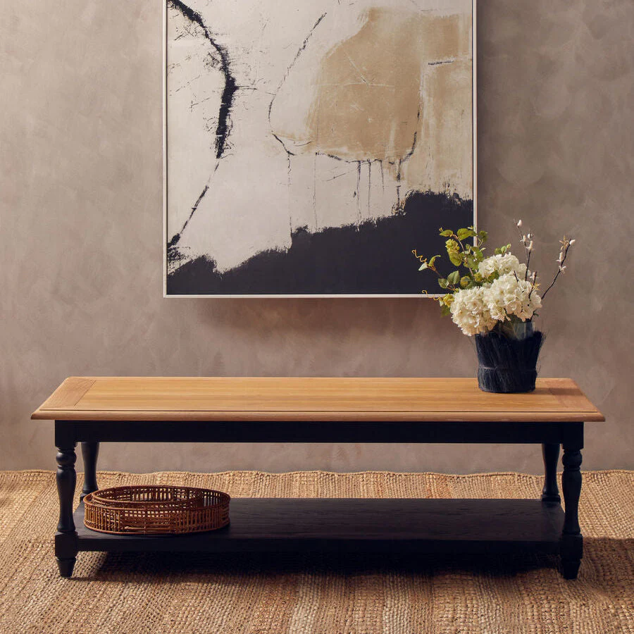 Antique Oak Top Coffee Table with Grey Birchwood Legs and Storage Undershelf, Kensington Townhouse