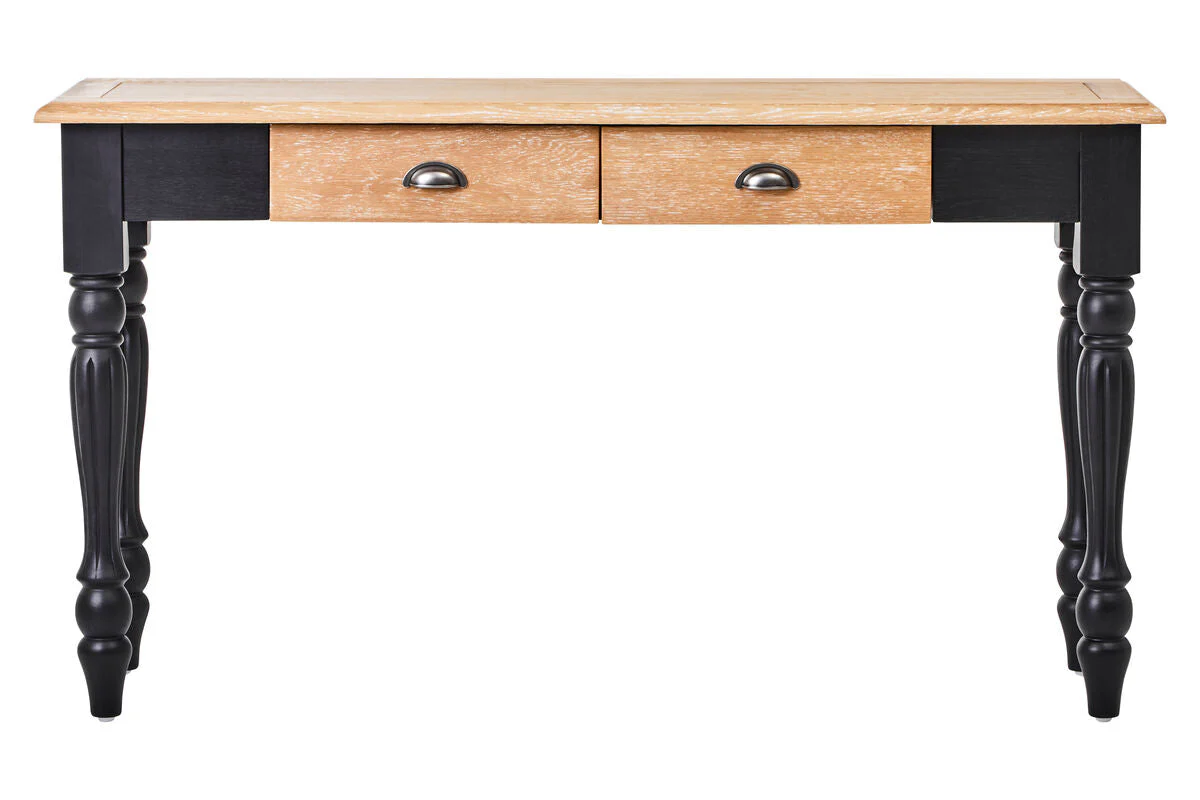 Natural Oak Veneer Top 2-Drawer Console Table with Black Knopped Birchwood Legs and Silver Cupped Handles, Kensington Townhouse - Image 2