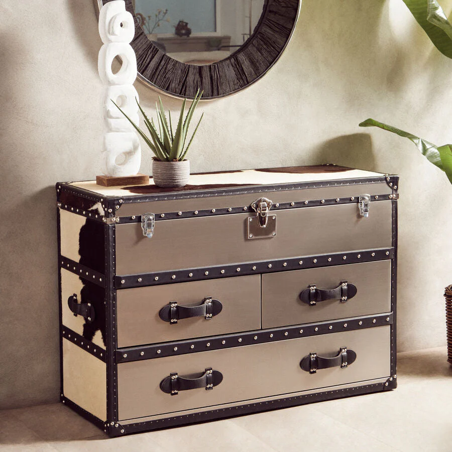 Kensington Townhouse Black And White Genuine Cowhide 3 Drawer Cabinet