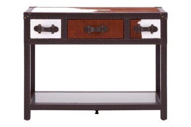 Brown and White Cowhide 3-Drawer Console Table with Leather Trim, Kensington Townhouse - Image 2