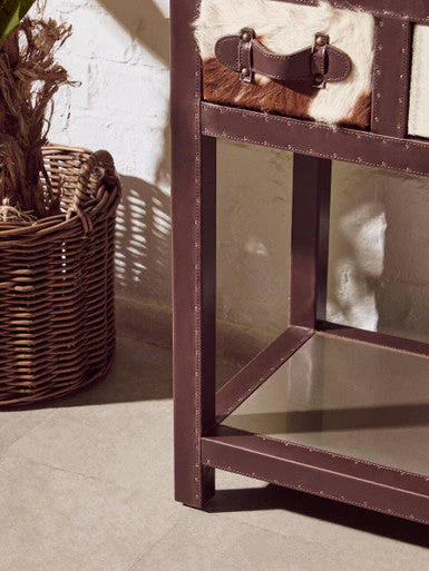 Brown and White Cowhide 3-Drawer Console Table with Leather Trim, Kensington Townhouse - Image 6