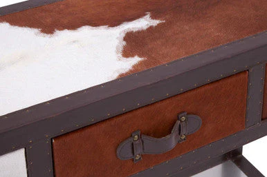 Brown and White Cowhide 3-Drawer Console Table with Leather Trim, Kensington Townhouse - Image 8