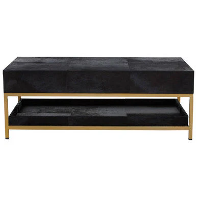 Black Hair-On-Hide Leather Coffee Table with Gold Metal Frame and Storage Drawer, Kensington Townhouse - Image 6
