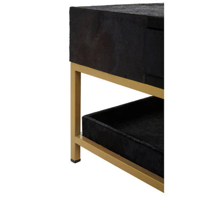 Black Hair-On-Hide Leather Coffee Table with Gold Metal Frame and Storage Drawer, Kensington Townhouse - Image 9