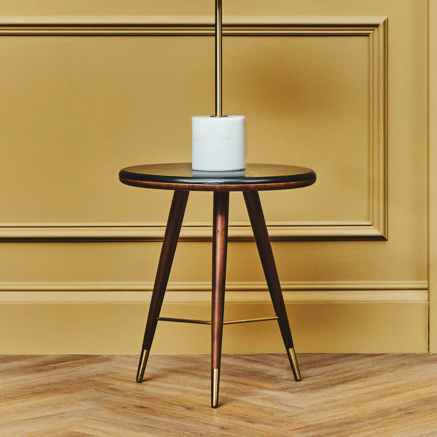 Dark Grey Marble Top Round End Table with Walnut Wood Frame and Brass Finish Accents, Kenso - Image 4