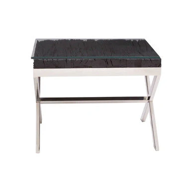 Square Black Wood and Clear Glass Top End Table with Silver Cross Base, Kerala
