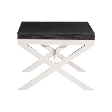 Square Black Wood and Clear Glass Top End Table with Silver Cross Base, Kerala - Image 4