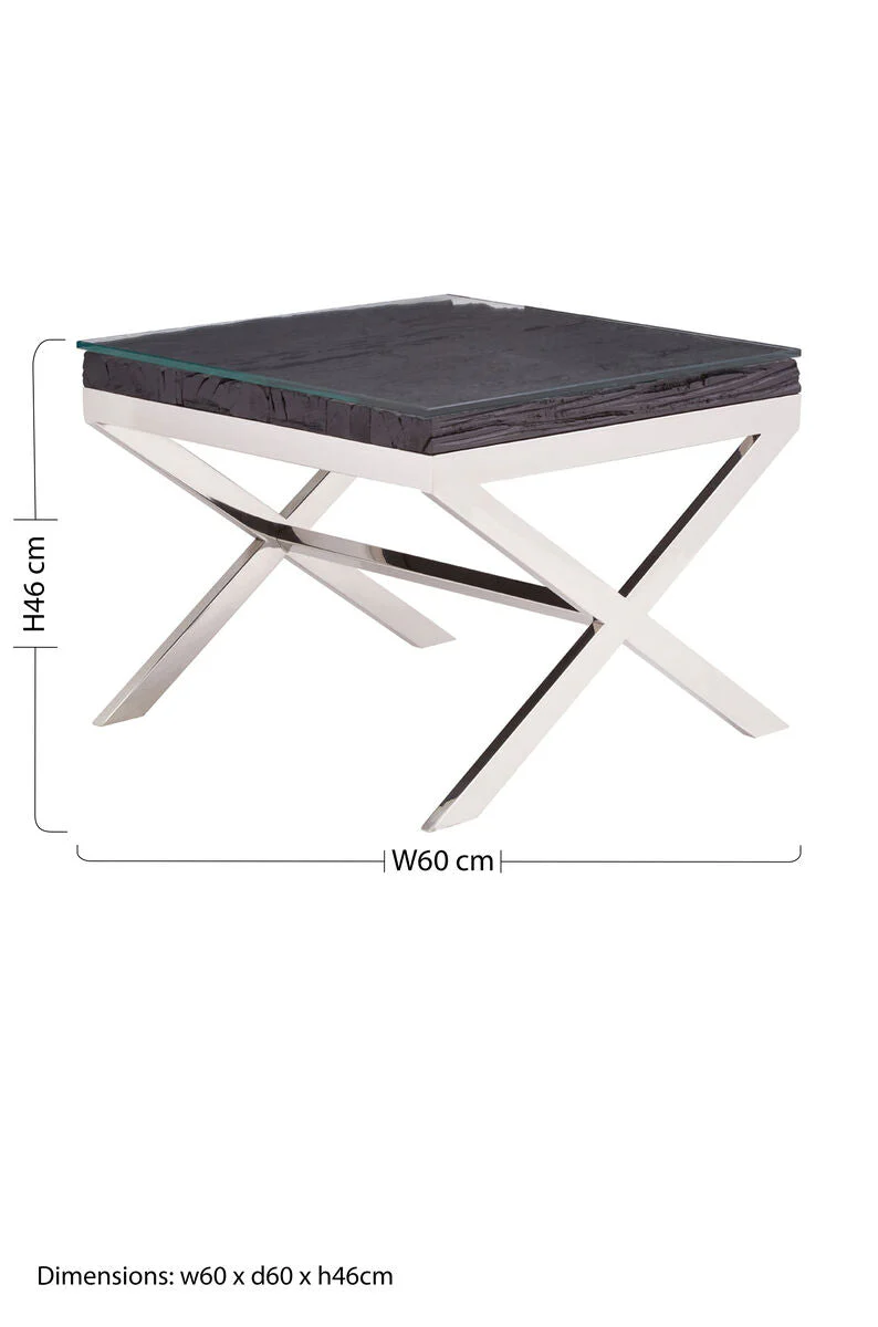 Square Black Wood and Clear Glass Top End Table with Silver Cross Base, Kerala - Image 8