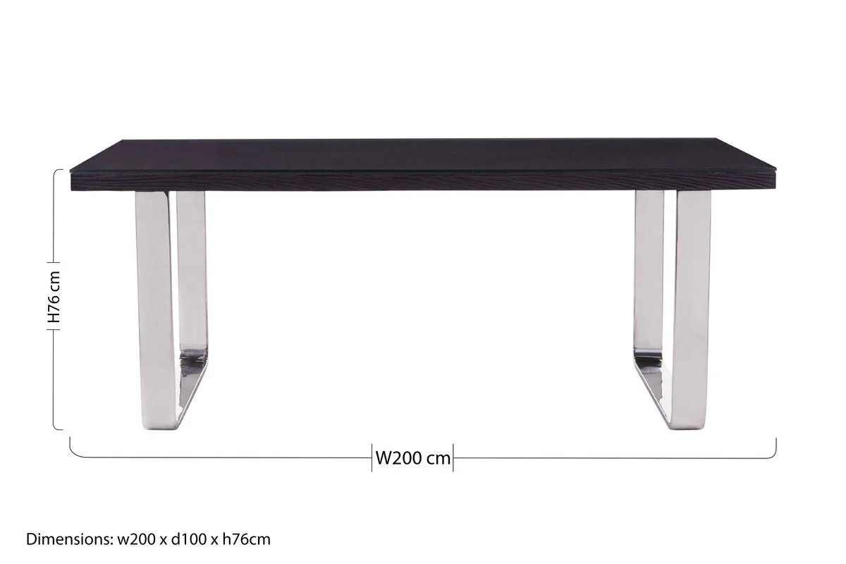 Large Black Pinewood and Clear Glass Top Dining Table with Silver U-Shaped Metal Legs, Kerala - Image 11