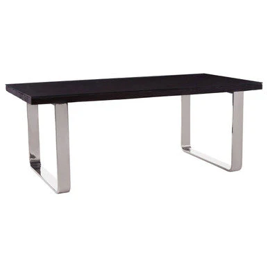 Large Black Pinewood and Clear Glass Top Dining Table with Silver U-Shaped Metal Legs, Kerala - Image 3