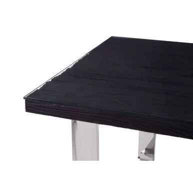 Large Black Pinewood and Clear Glass Top Dining Table with Silver U-Shaped Metal Legs, Kerala - Image 7