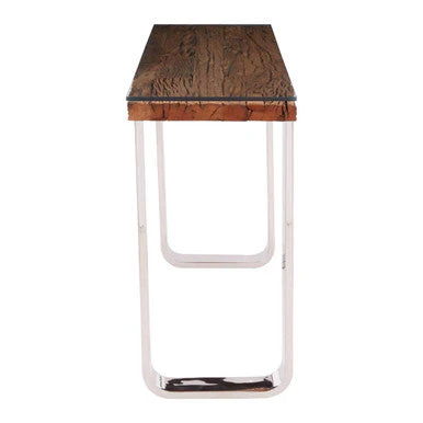 Natural Wood and Clear Glass Top Console Table with Silver U-Shaped Metal Legs, Kerala - Image 5