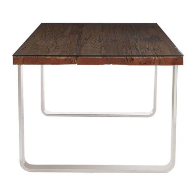 Natural Wood and Clear Glass Top Dining Table with Silver U-Shaped Metal Legs, Kerala - Image 6