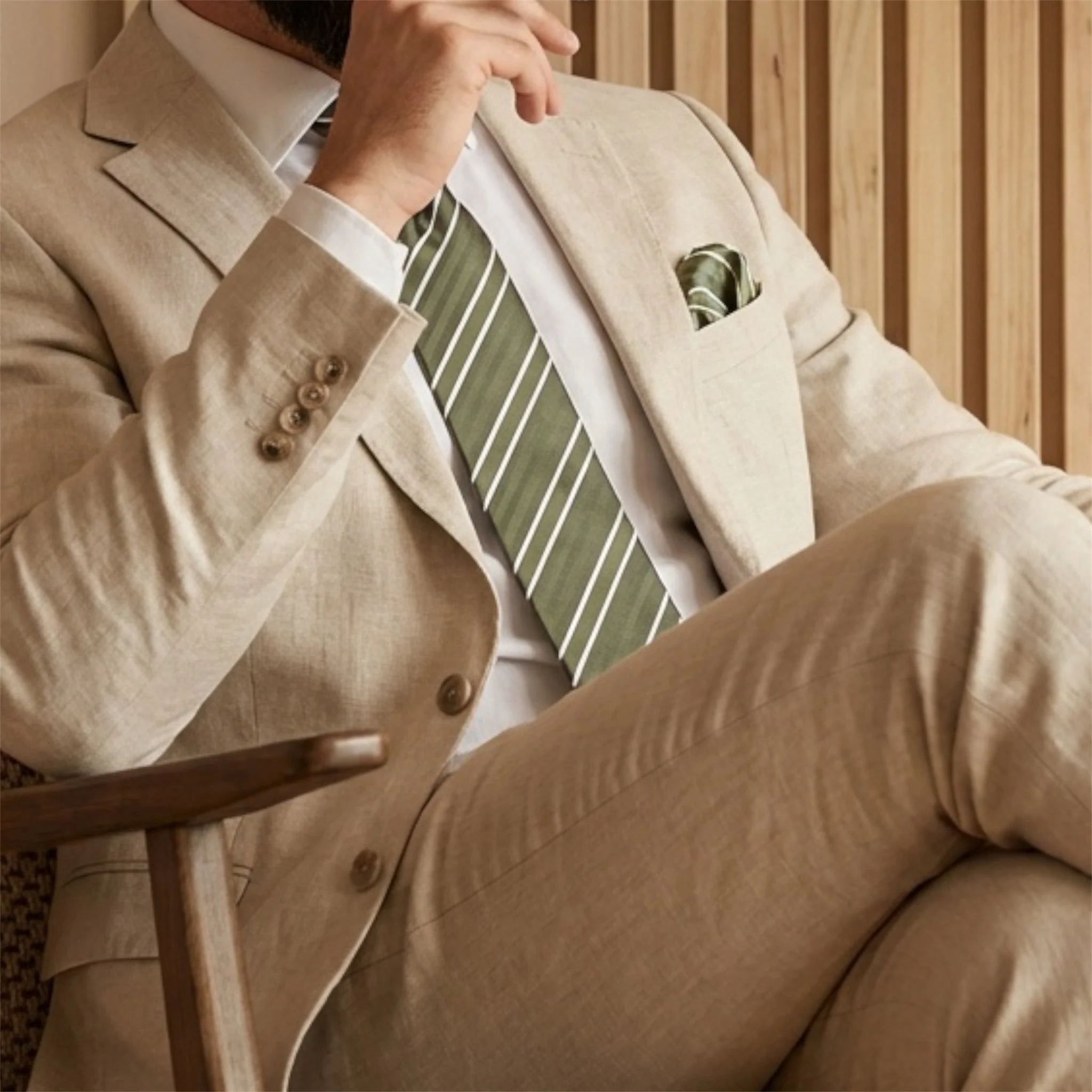 Khaki & White Stripe Pocket Square - Charleston Edit - Image 2