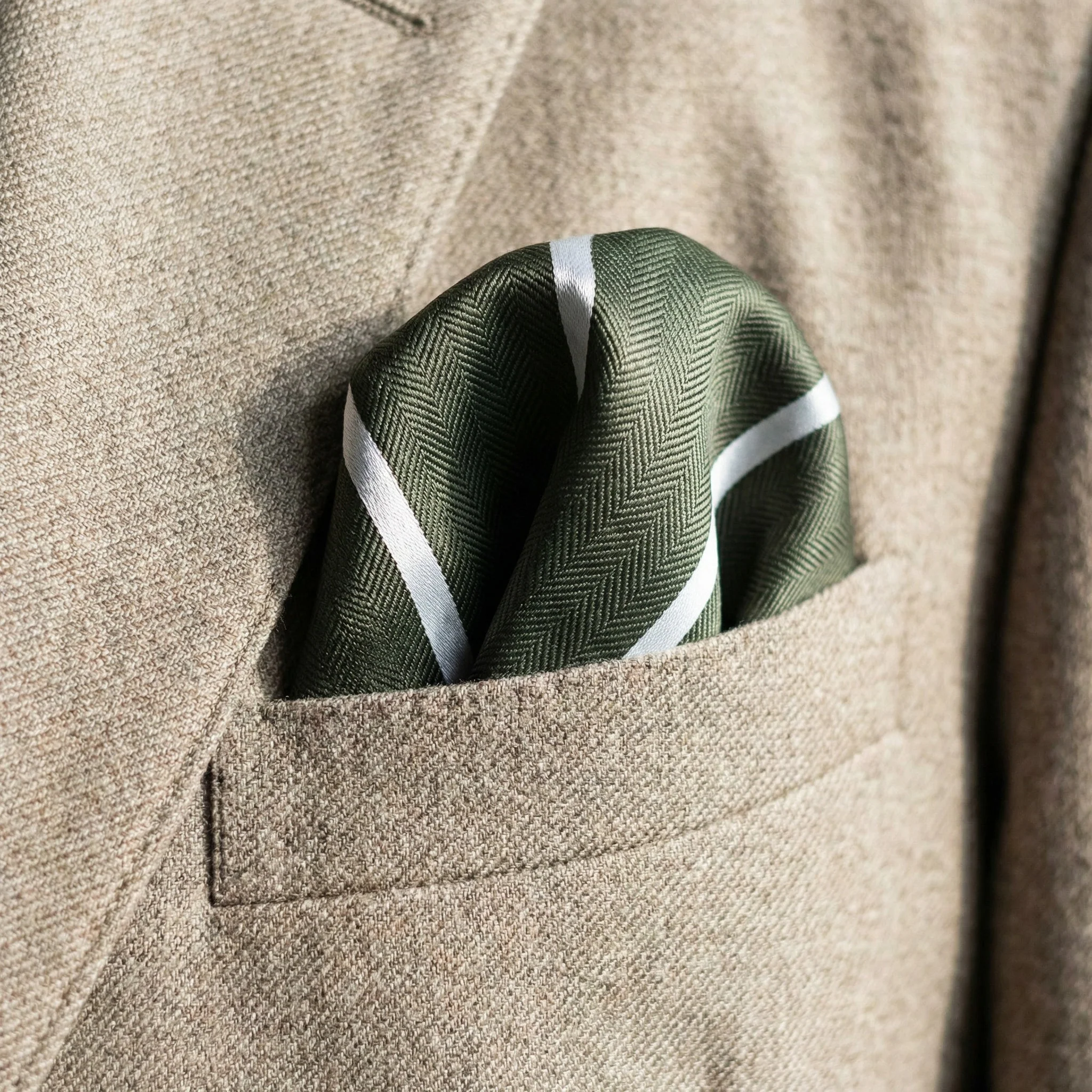 Khaki & White Stripe Pocket Square - Hawksmoor Edit - Image 3