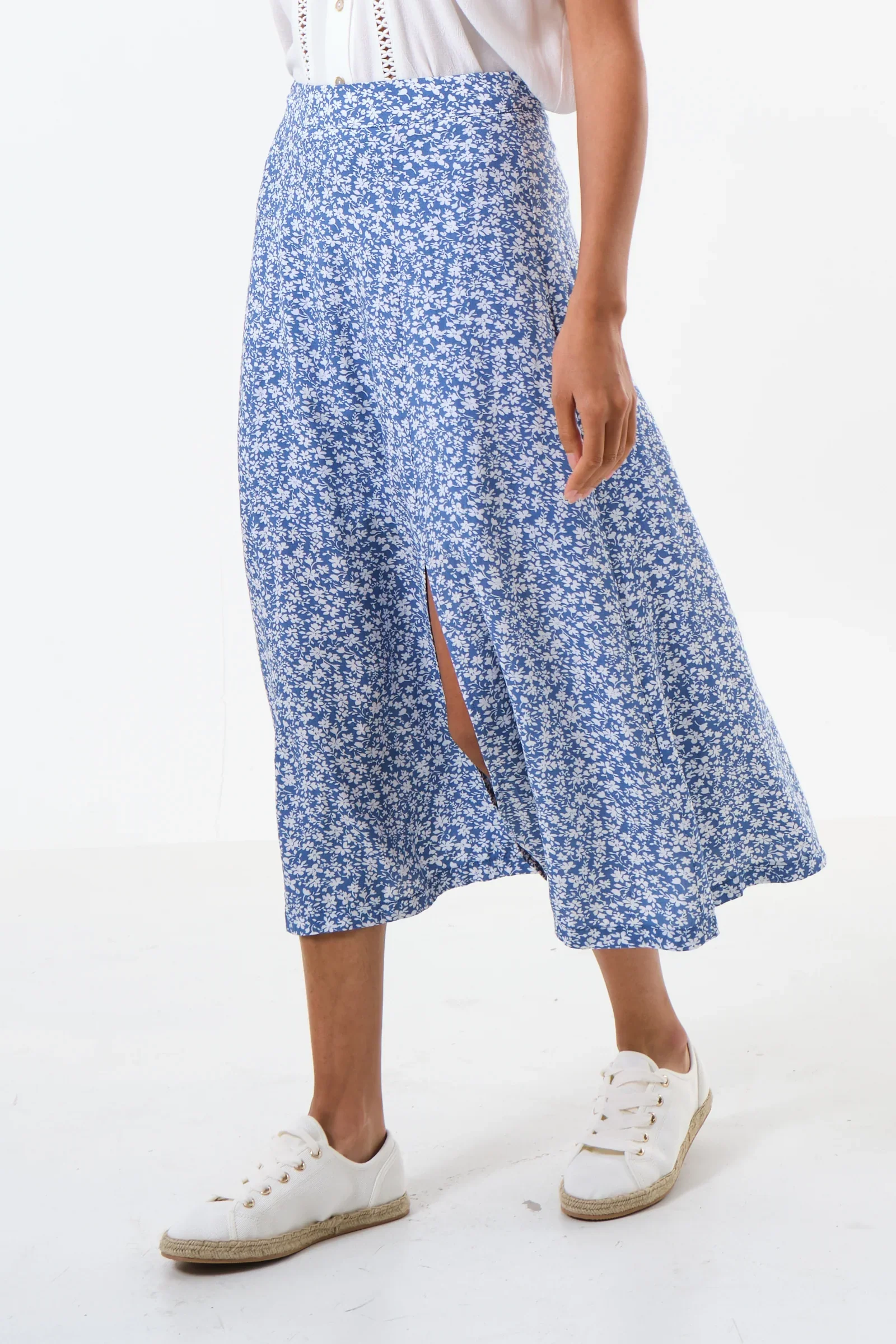 Kiyo Micro Blossom Print Midi Skirt In Blue - Image 5