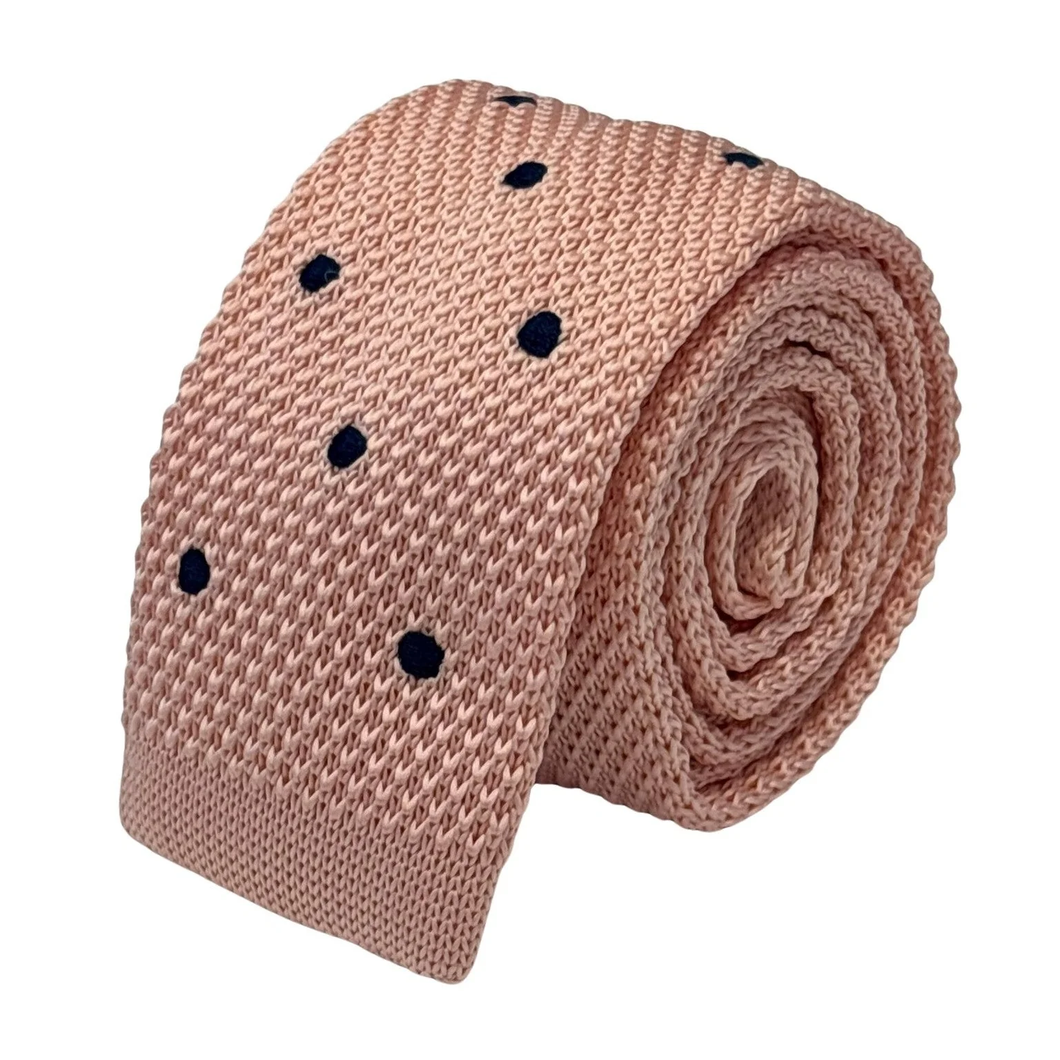 knitted tie in baby light pale pink with dark navy blue spots - Image 2