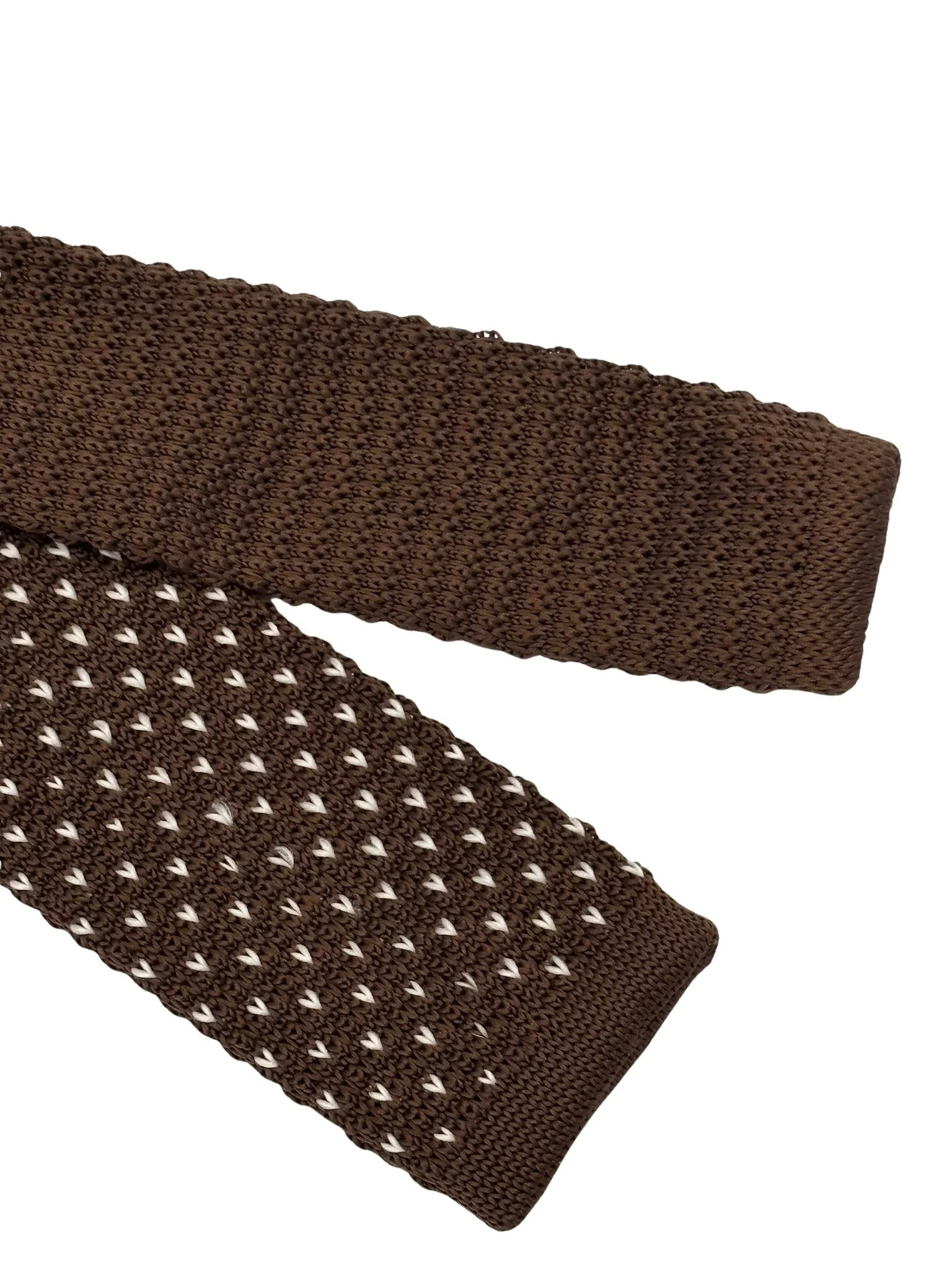 knitted tie in chocolate brown with white pin spots - Image 5